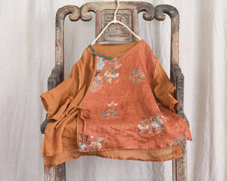 燕燕~棉麻商品 苧麻材質 拼布斜襟盤扣上衣 短款小衫中袖繫帶襯衫 短袖棉麻衫 