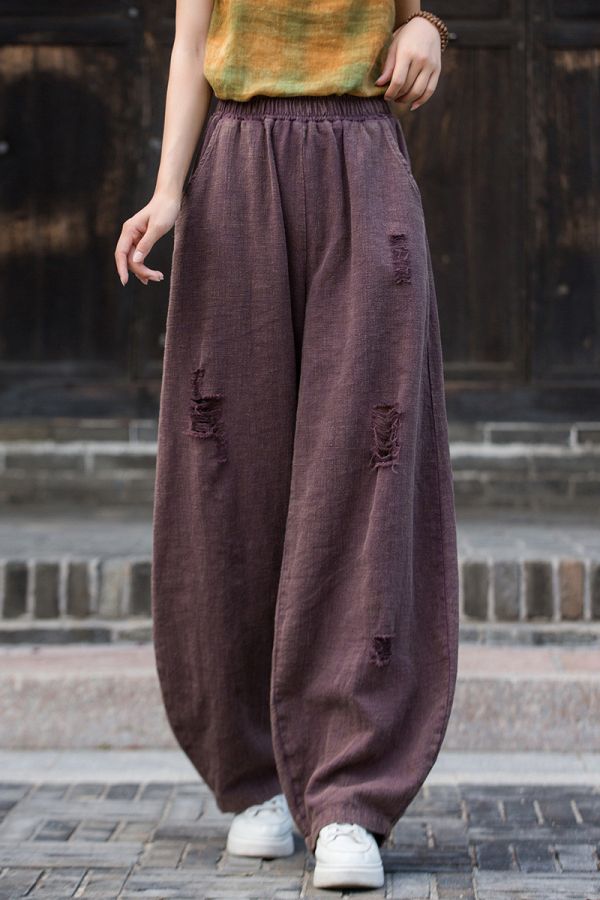 燕燕～秋季新款！苧麻 破洞炒色長褲 砂洗個性小眾流浪風燈籠褲 