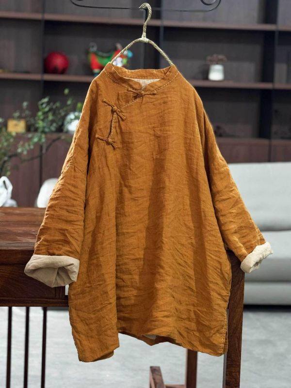 燕燕~夏季 復古盤扣亞麻女款立領 中長款寬鬆中式襯衫 