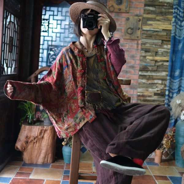 燕燕~棉麻商品~純亞麻  復古印花純亞麻小衫上衣 長袖棉麻衫 