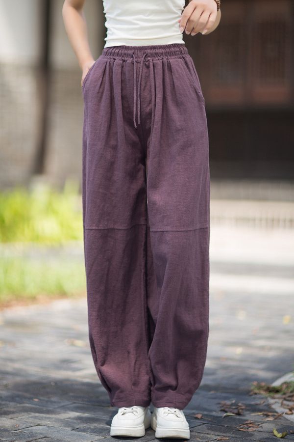 燕燕~秋新款 苧麻砂洗文藝百搭鬆緊腰長褲 哈倫褲 