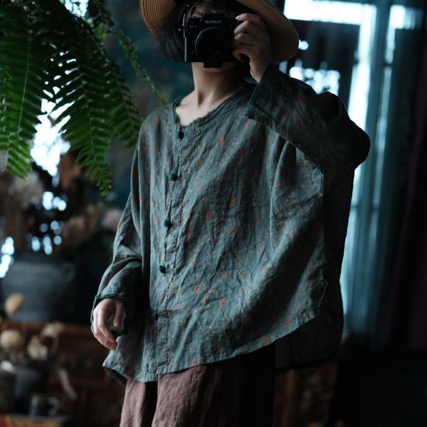 燕燕～春新款 純亞麻 寬鬆百搭襯衫盤扣毛邊小衫上衣 長袖棉麻衫 ab204301 