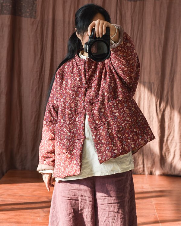 燕燕~棉麻商品~復古碎花盤扣開衫女式棉衣 立領保暖棉服短外套 