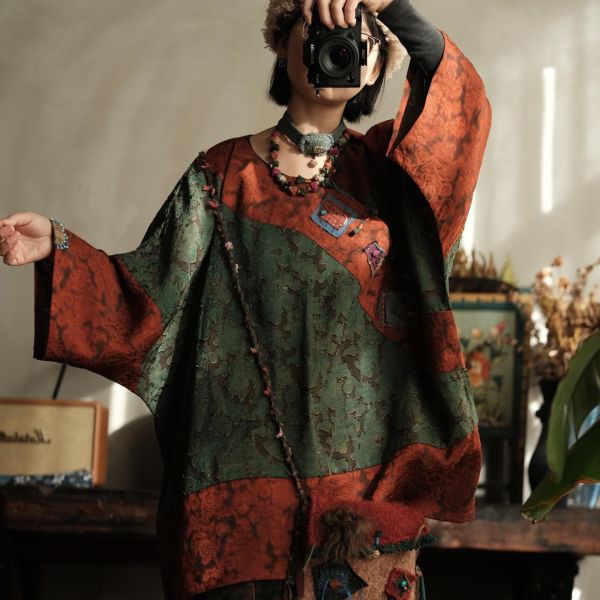 燕燕~棉麻商品~拼色復古文藝做舊人絲寬鬆大袖口中長斜襟襯衫 開襟衫 ab227801 