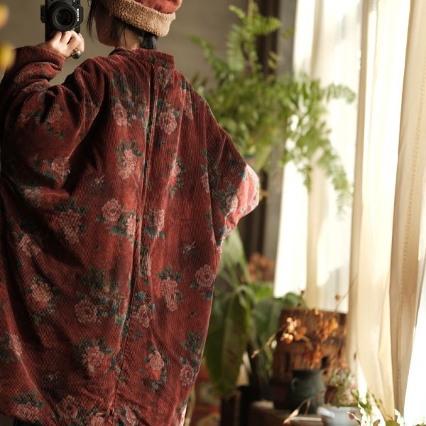 燕燕~秋冬款 文藝復古寬鬆粗條絨夾棉棉衣外套 長袍 ab214501 0 