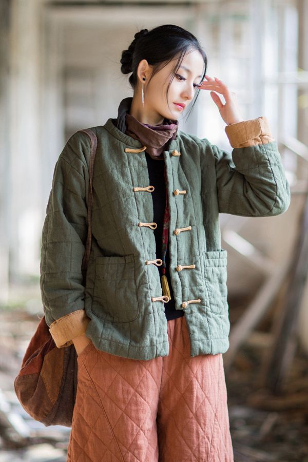 燕燕~冬季新款 苧麻夾棉方格絎縫棉襖短版棉衣外套 