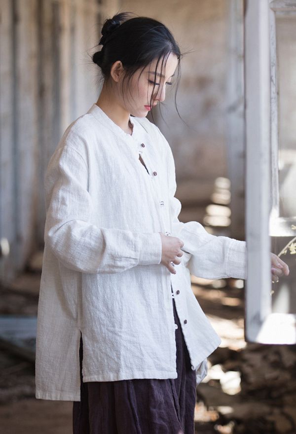 燕燕~苧麻棉~立領長袖襯衫 