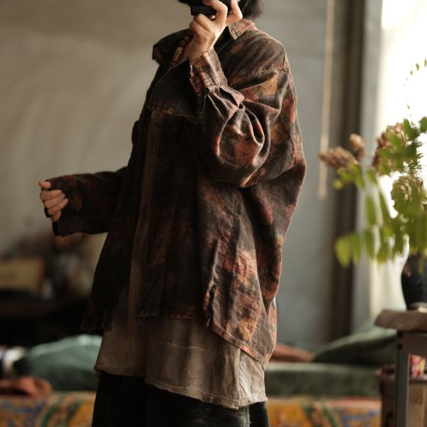 燕燕~秋冬新款 文藝復古雙層寬鬆翻領拼接開襟衫襯衫 ab96001 