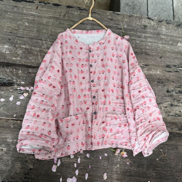 燕燕～春秋款 砂洗亞麻  寬鬆印花短外套 手縫線文藝休閒麻衫 