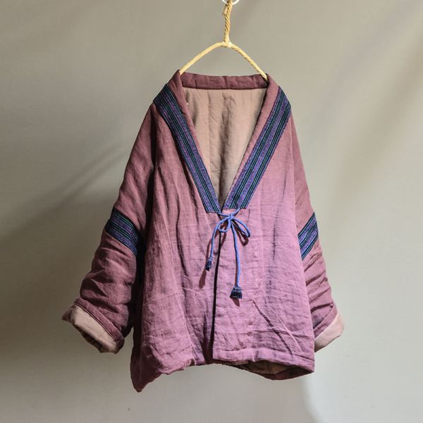 燕燕~秋冬款 亞麻短棉衣 復古老布料拼接繫帶開襟衫棉服外套 0 