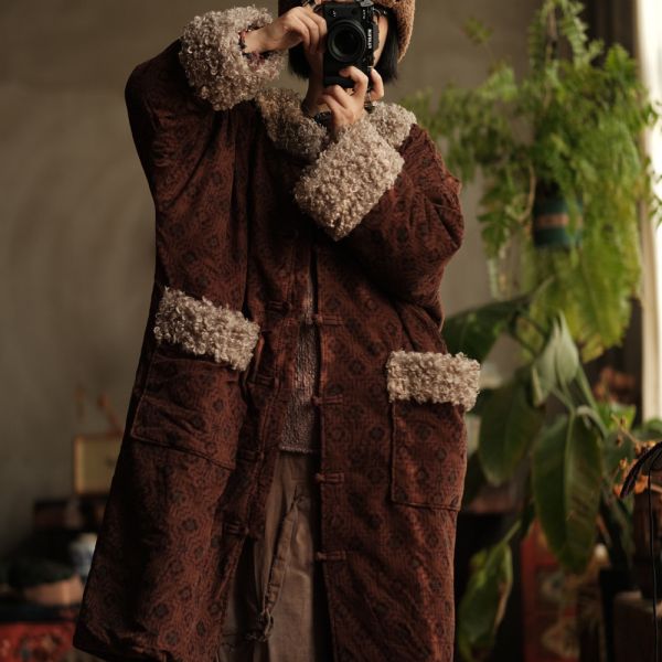 燕燕~秋季新款 訂製復古文藝羊捲毛絨絨對襟盤扣大棉袍外套 ab222501 