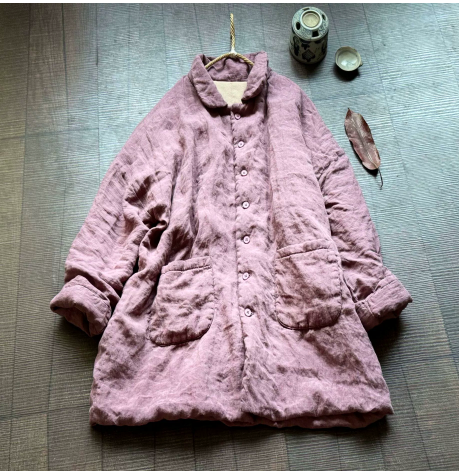 燕燕~秋季新款 高品質砂洗亞麻棉衣藝術復古寬鬆亞麻棉服中長款夾棉外套 ab438901 