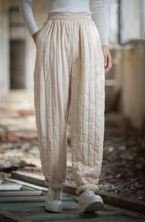 燕燕~冬季新款 夾棉加厚保暖休閒褲 絎縫豎格個性棉褲 長褲 