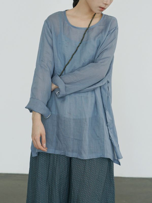 燕燕~清透莧麻~簡約圓領套頭中長襯衫 文藝風骨寬鬆長衫 上衣。ab2420001 