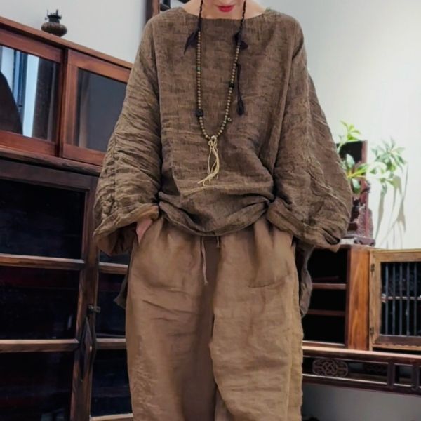 燕燕~秋冬新款 亞麻復古中長大版前短後長套頭衫 上衣 ab27801 