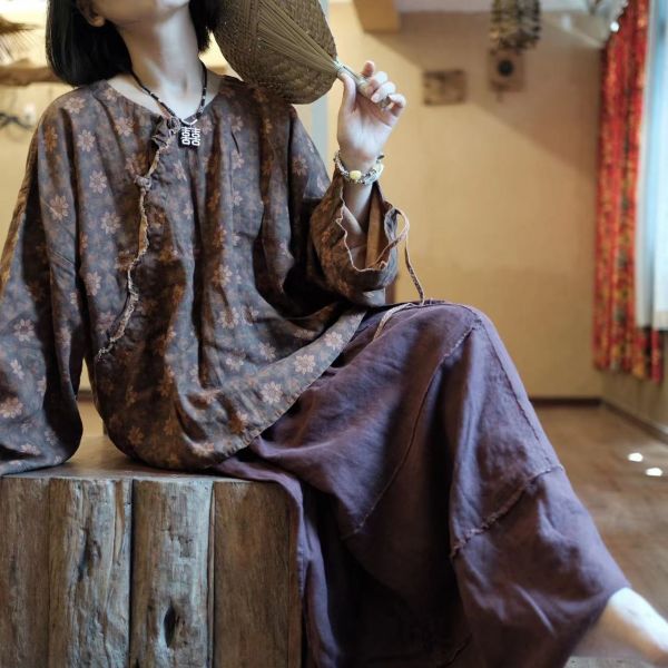 燕燕～秋款 純亞麻 做舊雪花洗大袖口麻衫上衣 長袖棉麻衫 ab197401 