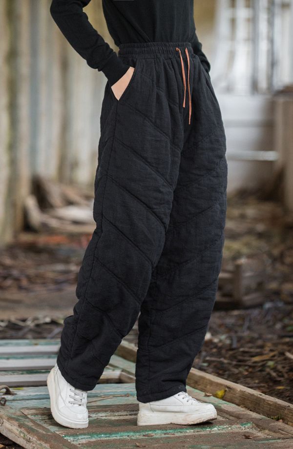 燕燕~冬季新款 苧麻夾棉絎縫炒色褲子 文藝百搭鬆緊腰女式長褲 棉褲 