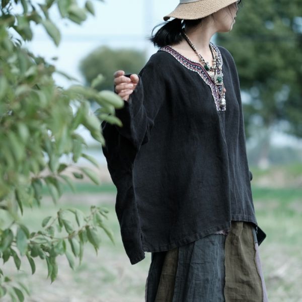 燕燕～春季新款 純亞麻 水洗領口拼接繡花片蝙蝠袖襯衫上衣 長袖棉麻衫 ab202201 
