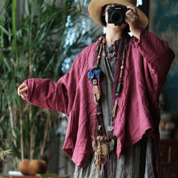 燕燕~秋冬新款 亞麻 手工重工炒色斜襟繫帶棉衣外套  ab181401 