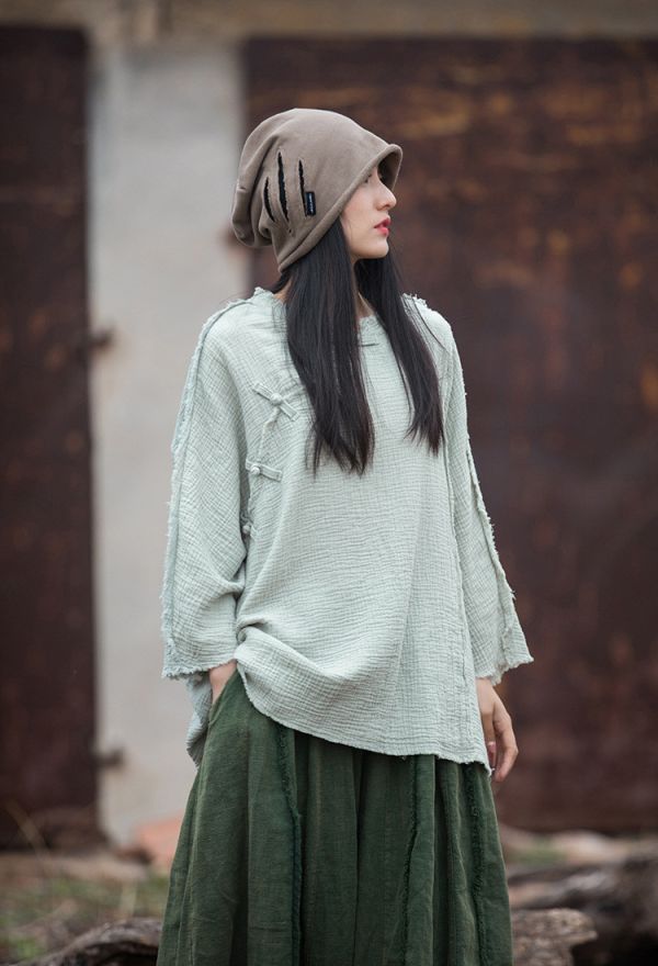 燕燕 秋冬新款  雙層棉砂洗磨毛百搭T恤 棉麻改良盤扣禪意上衣 