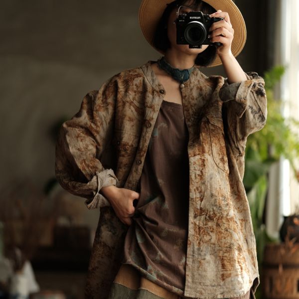 燕燕~亞麻～設計文藝復古做舊寬鬆外套襯衫 (植物染） 