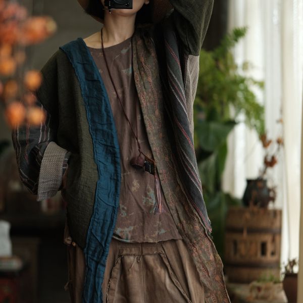 燕燕~秋款 復古文藝棉麻拼色外披薄外套 ab234901 