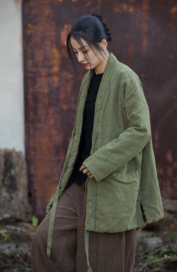 燕燕~秋冬新品  苧麻炒色夾棉加厚復古改良禪意風女式中長棉衣外套 
