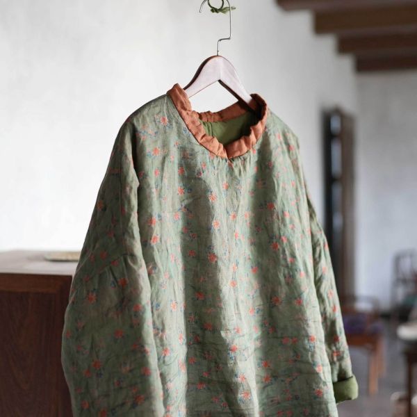燕燕~秋冬新款 苧麻夾棉 數位印花高領棉衣 文藝休閒棉服上衣 