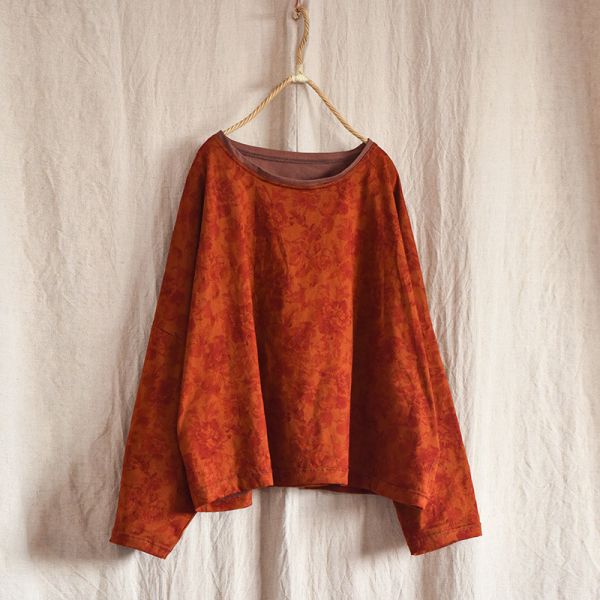 燕燕~數位印花圓領棉麻針織T恤 文藝圓領寬鬆短上衣 