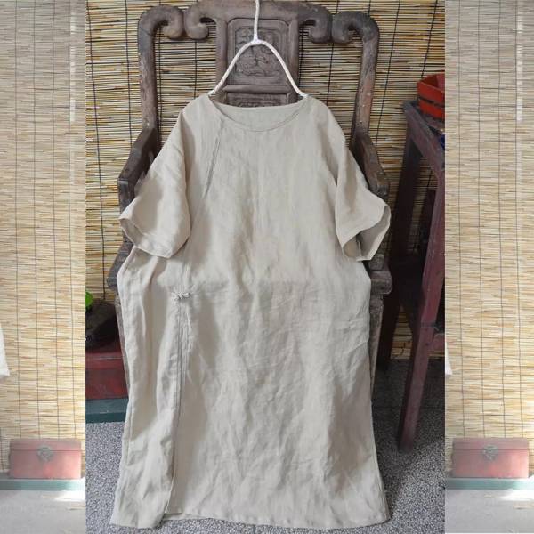 燕燕~夏款 苧麻材質 復古盤扣旗袍圓領洋裝 連身裙 