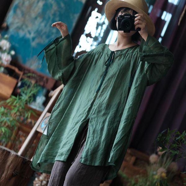 燕燕~（寬鬆版型）夏季新款 復古文藝圓領繫帶寬鬆禪意T恤 高級感襯衫 ab220301 