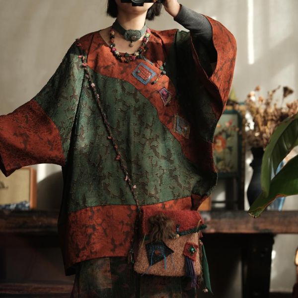 燕燕~棉麻商品~拼色復古文藝做舊人絲寬鬆大袖口中長斜襟襯衫 開襟衫 ab227801 