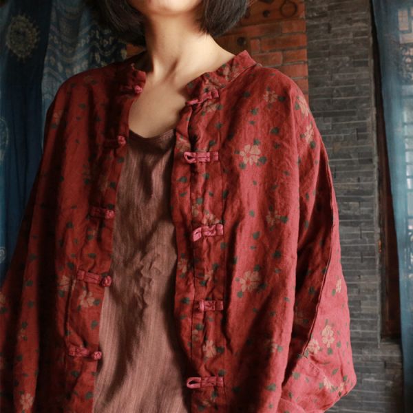 燕燕~棉麻商品~純亞麻  復古印花純亞麻小衫上衣 長袖棉麻衫 