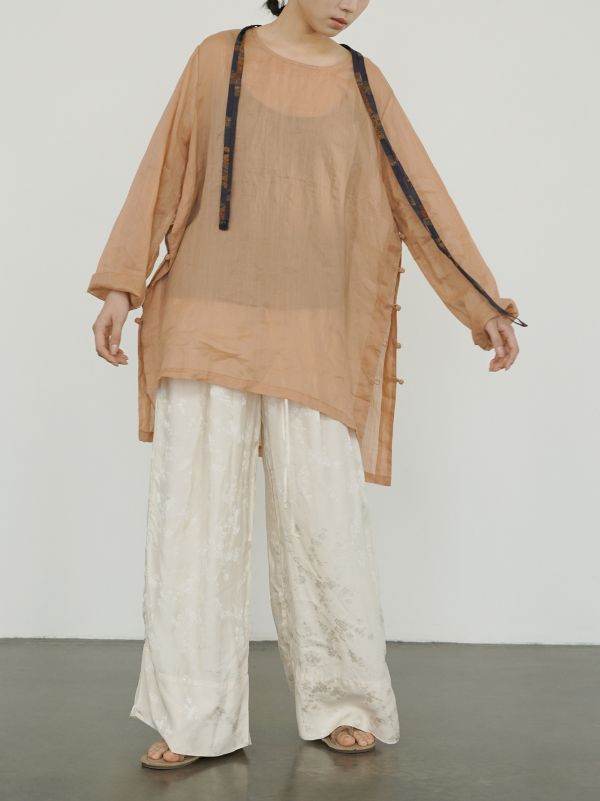 燕燕~清透莧麻~簡約圓領套頭中長襯衫 文藝風骨寬鬆長衫 上衣。ab2420101 