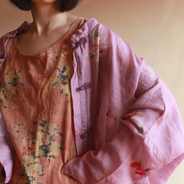 燕燕~棉麻商品~純亞麻  復古印花純亞麻小衫上衣 長袖棉麻衫 