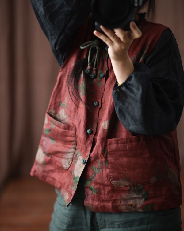 燕燕~棉麻商品~亞麻 香雲紗印花 復古盤扣開衫背心 