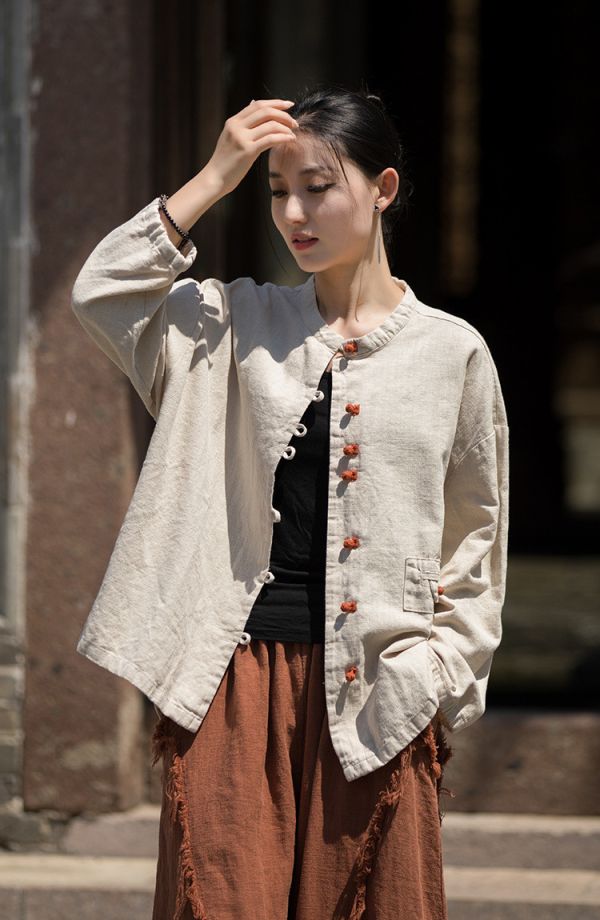 燕燕~秋冬新品～苧麻拼色盤扣對襟開衫上衣外套 