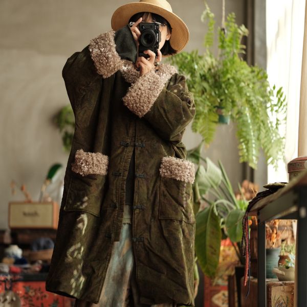 燕燕~秋季新款 訂製復古文藝羊捲毛絨絨對襟盤扣大棉袍外套 ab222501 