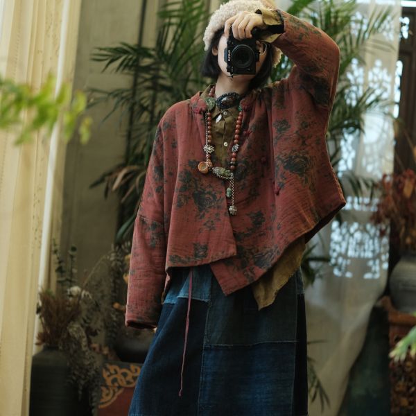 燕燕~秋冬新款 文藝數位印花純棉斜襟棉衣外套    ab193301 