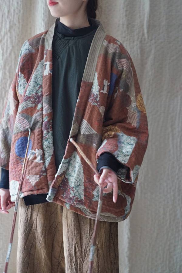 燕燕 秋冬款 數碼印花設計 寬鬆棉衣夾棉外套 和風斜襟茶服外套 ab020601 