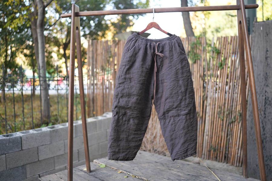 燕燕 冬季厚棉 色織亞麻布 高溫成衣水洗直筒棉褲 寬鬆休閒長褲 