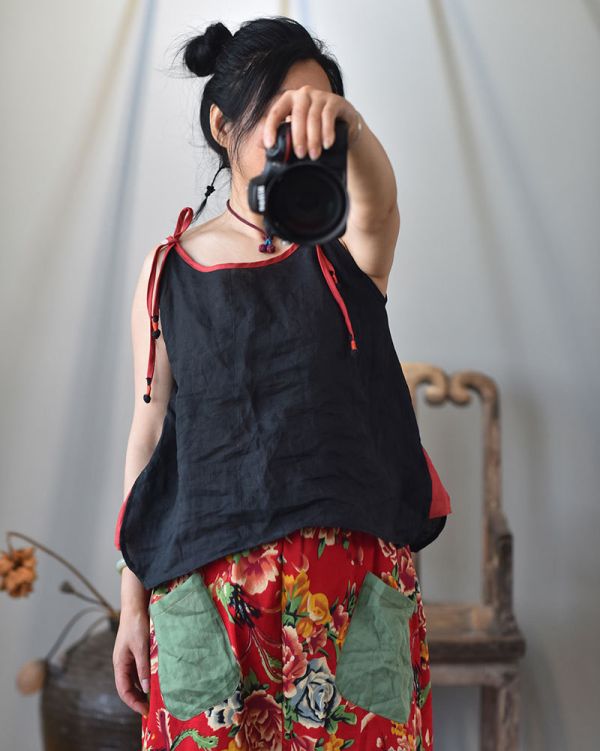 燕燕~春秋款 純苧麻 撞色盤扣吊帶背心 