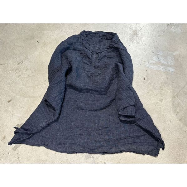 燕燕~亞麻 文藝復古肌理感色織套頭立領盤扣寬鬆落肩小衫 上衣 