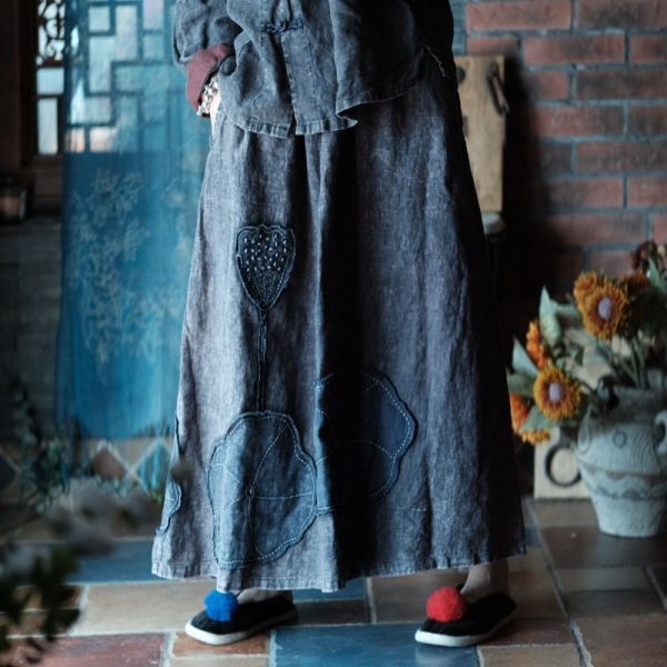 燕燕～春秋款 復古文藝高端水洗亞麻貼花長裙 