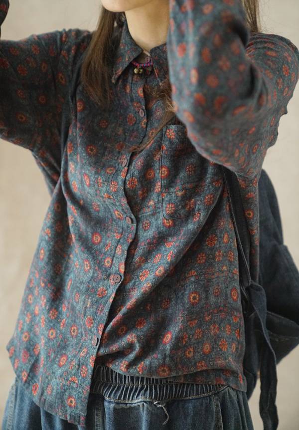 燕燕~棉麻商品~復古香雲紗材質  數碼印花百搭襯衫 文藝休閒寬鬆顯瘦長袖襯衫 上衣 ab2131801 