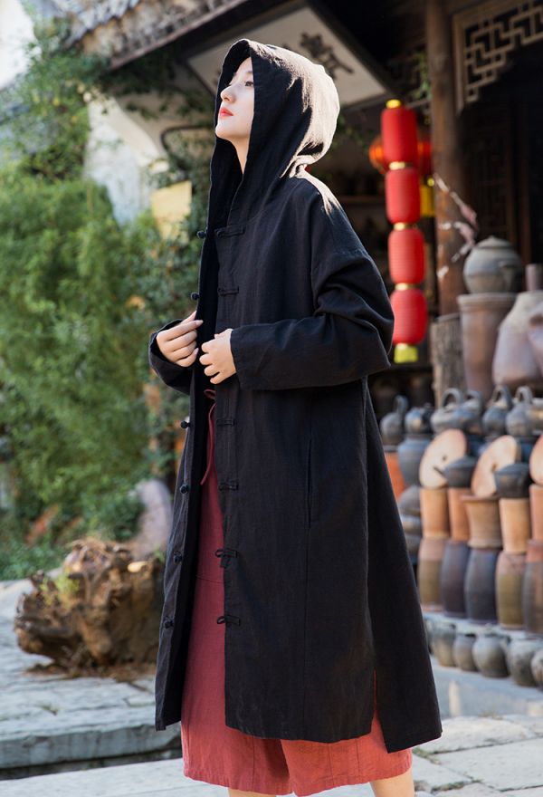 燕燕~棉麻商品~秋冬款 秋冬新款 苧麻棉   砂洗盤扣連帽禪意女式披風袍子外衣外套 
