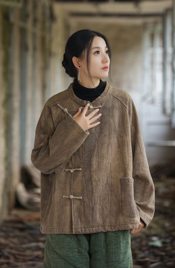 燕燕~秋冬新款   苧麻紮染加厚保暖外套 復古文藝個性盤扣女款T恤 上衣 
