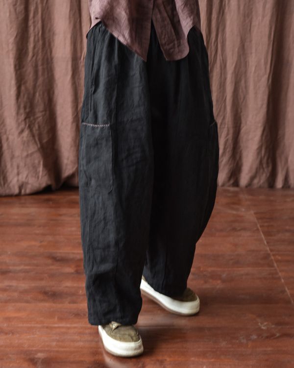 燕燕~春秋夏款 手工縫線工裝 亞麻寬鬆闊腿長褲 休閒褲 
