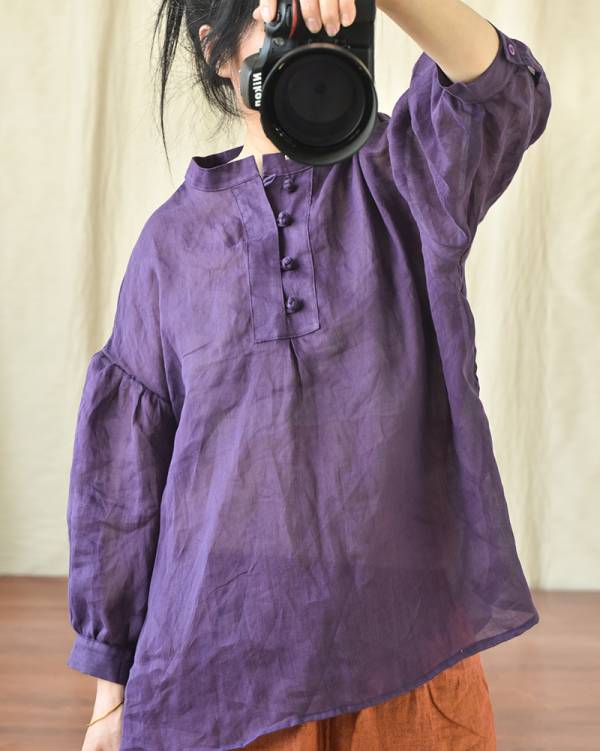 燕燕~棉麻商品~精細苧麻材質 盤扣七分袖襯衫寬鬆文藝泡泡袖上衣小衫 