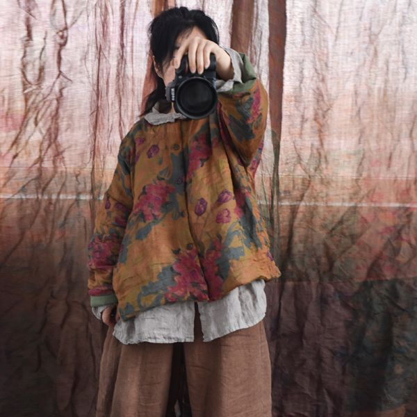 燕燕～秋冬款 苧麻   印花大尺碼 寬鬆文藝復古棉衣 國風中長棉服上衣 